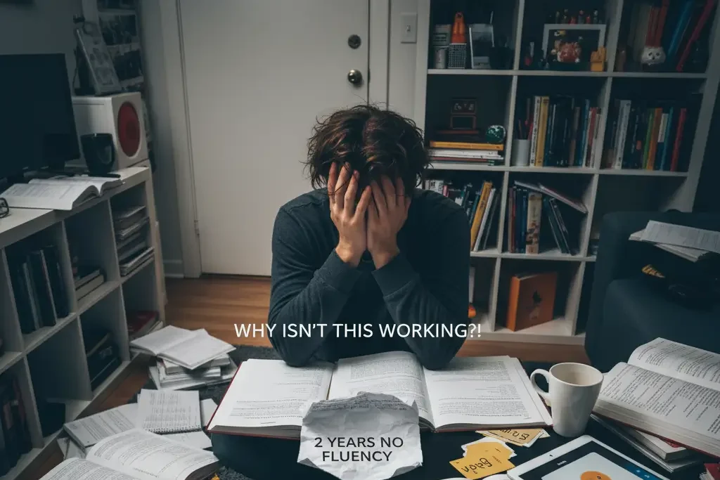 Pessoa frustrada com livros e anotações espalhadas, simbolizando métodos ineficazes de estudo