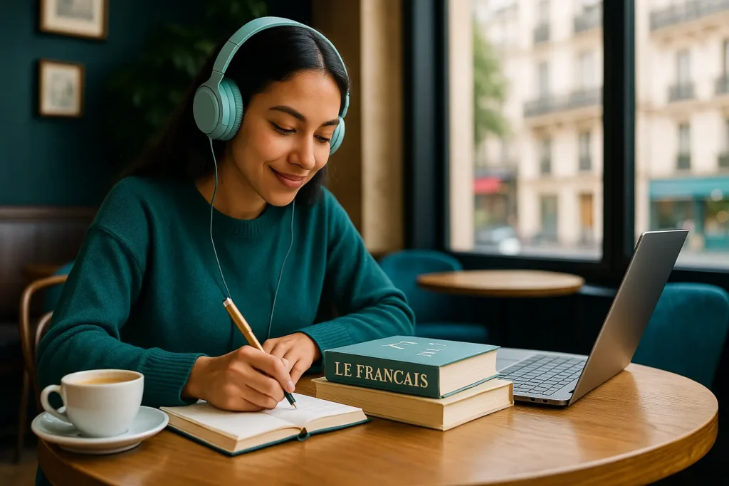 Pessoa aprendendo francês com prazer e foco em um café parisiense