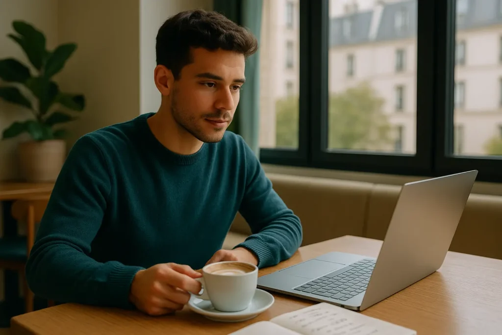 Pessoa estudando francês em um café, com notebook e anotações sobre o idioma.