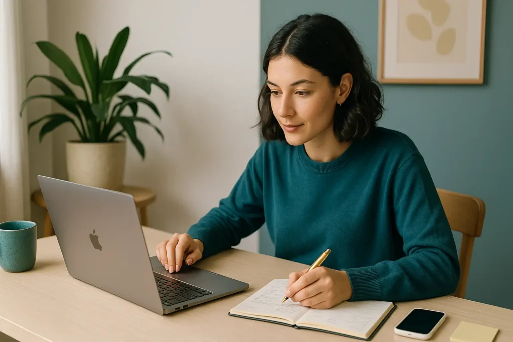 Pessoa aplicando disciplina financeira e aprendendo idiomas com organização e foco