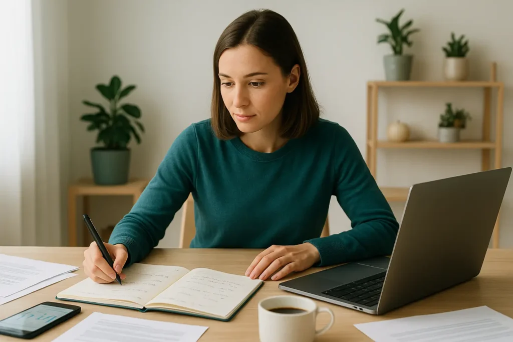 Pessoa estudando e analisando finanças no notebook, em ambiente claro e organizado, simbolizando disciplina e equilíbrio entre aprendizado e dinheiro.
