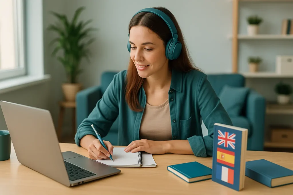 Pessoa estudando idiomas com laptop e caderno em ambiente moderno e iluminado