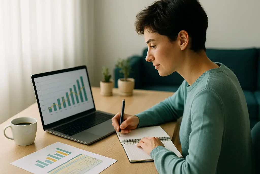 Pessoa analisando investimentos no notebook e anotando metas financeiras