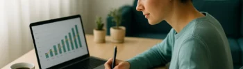 Pessoa analisando investimentos no notebook e anotando metas financeiras