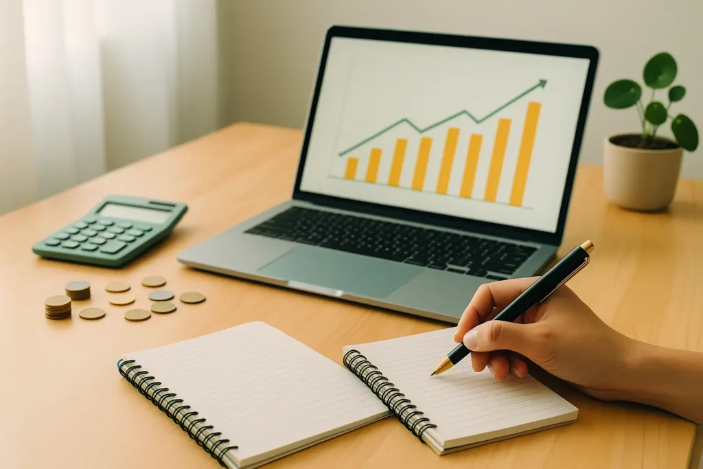 Pessoa se preparando para investir do zero, anotando finanças ao lado de notebook e moedas sobre a mesa