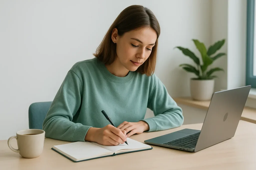 Jovem estudando em ambiente minimalista e iluminado, com notebook e café sobre a mesa, simbolizando foco e equilíbrio na rotina de estudos.