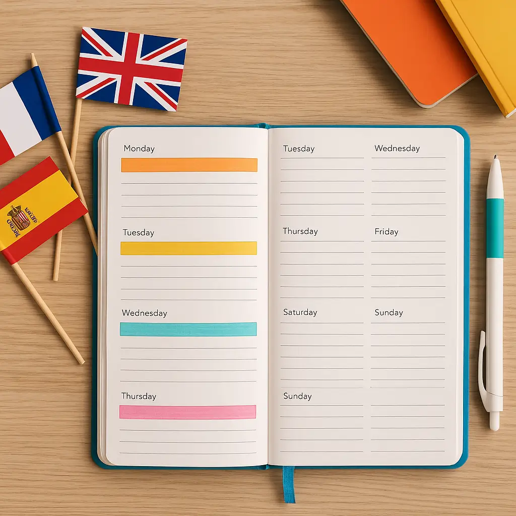 Rotina organizada de estudos para aprender inglês, francês e espanhol