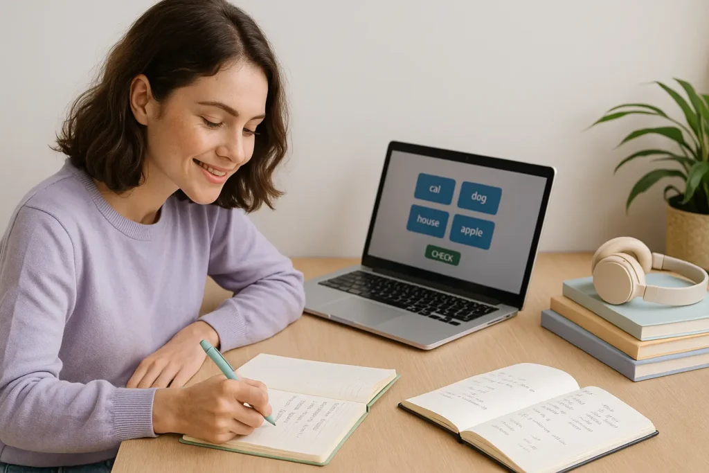 Mesa de estudos organizada com podcast e materiais para aprender idiomas