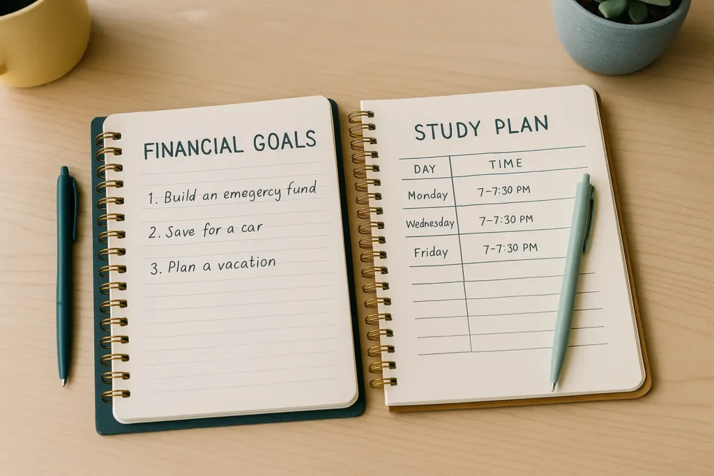 Planejamento semanal combinando estudo de idiomas e controle financeiro