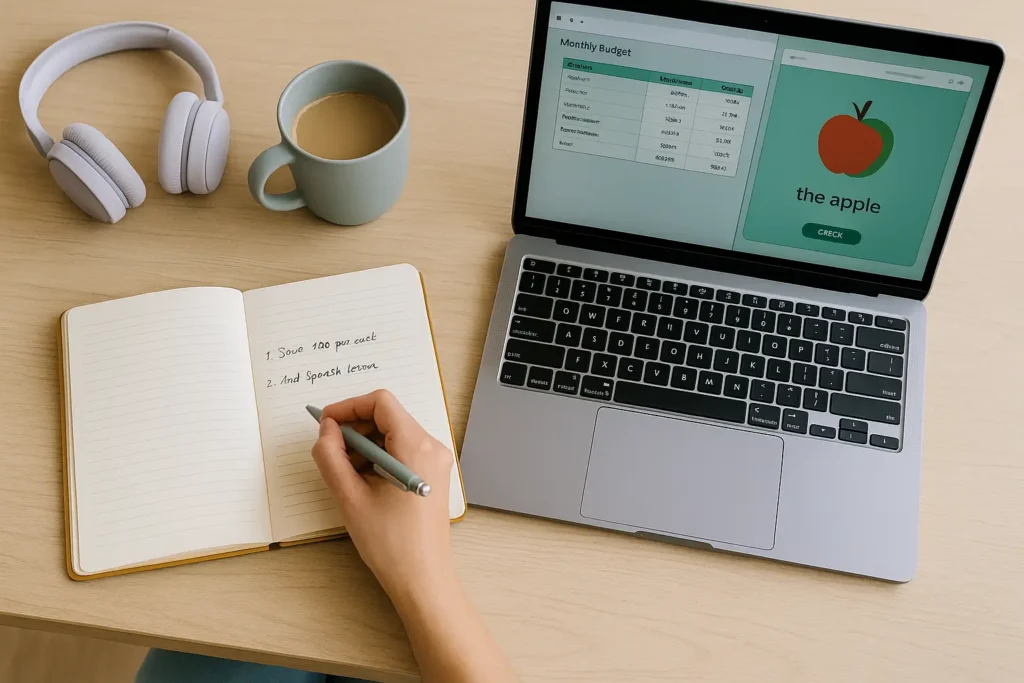 Caderno de anotações e notebook exibindo planilha e aplicativo de idiomas, representando disciplina e equilíbrio entre aprendizado e finanças.