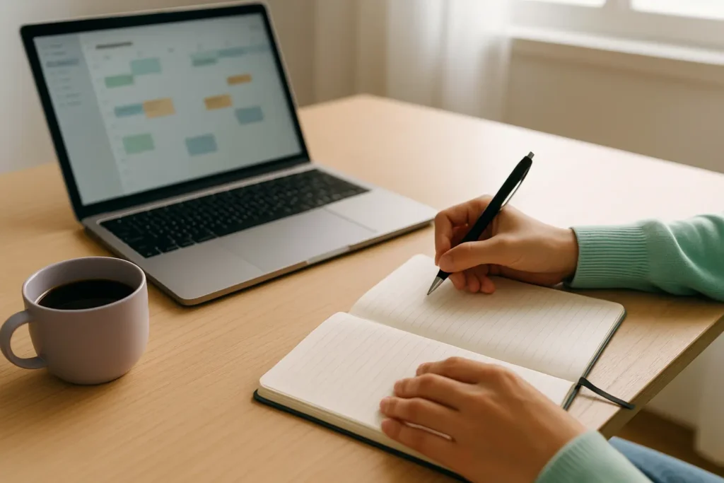 Pessoa escrevendo anotações e planejando sua rotina de estudos pela manhã