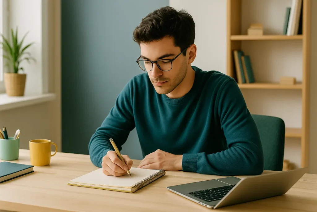 Pessoa criando uma rotina de estudos eficiente com laptop e anotações