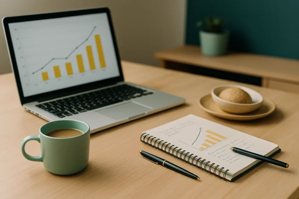 Pessoa acompanhando rendimentos dos investimentos e avaliando crescimento