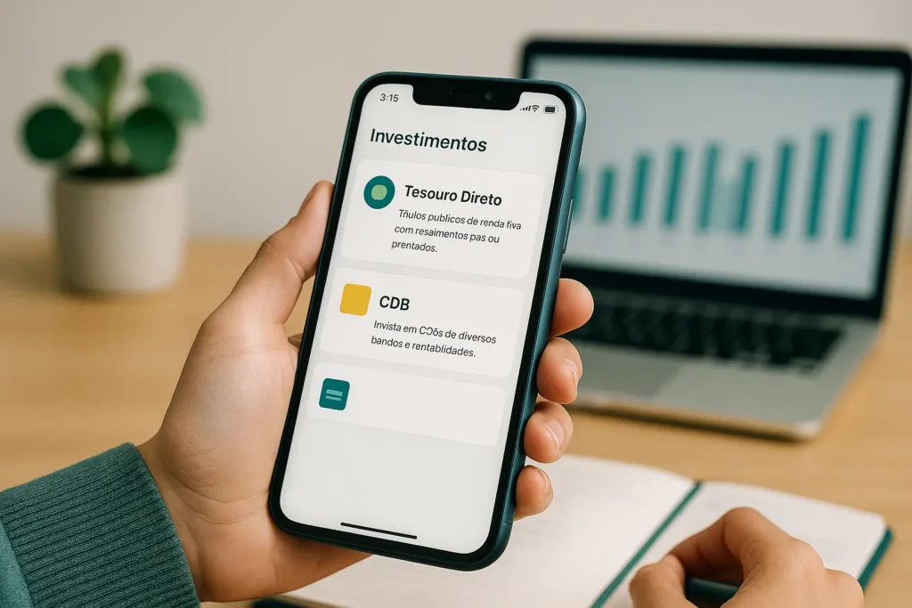 Aplicativo de investimento mostrando opções seguras como Tesouro Direto e CDB