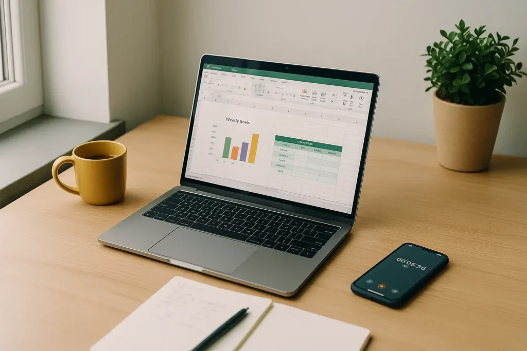 Pessoa iniciando o dia organizando rotina e finanças sustentáveis no Excel com luz natural suave.