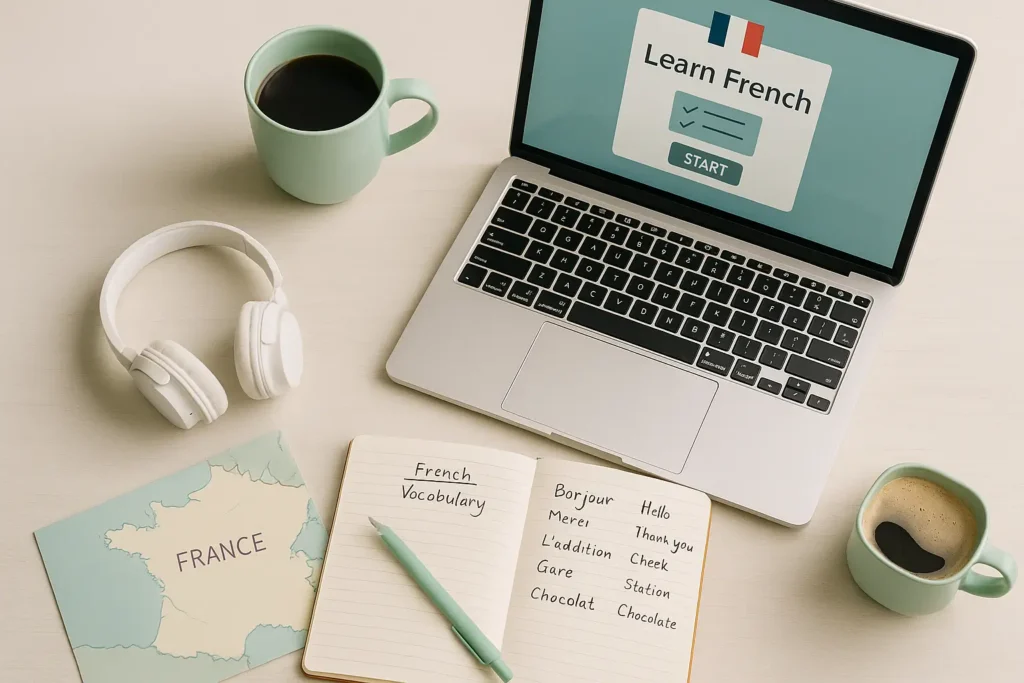 Pessoa estudando francês antes da viagem com notebook e mapa da França
