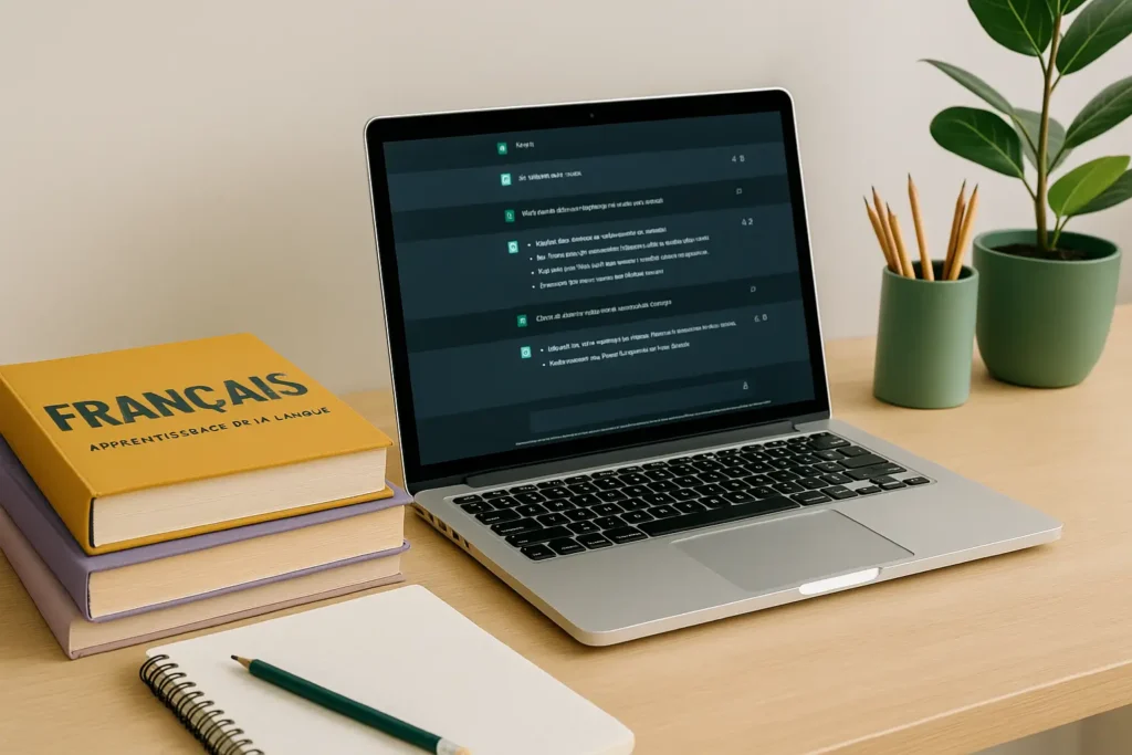 Aprender francês com ChatGPT e livros de idioma sobre a mesa