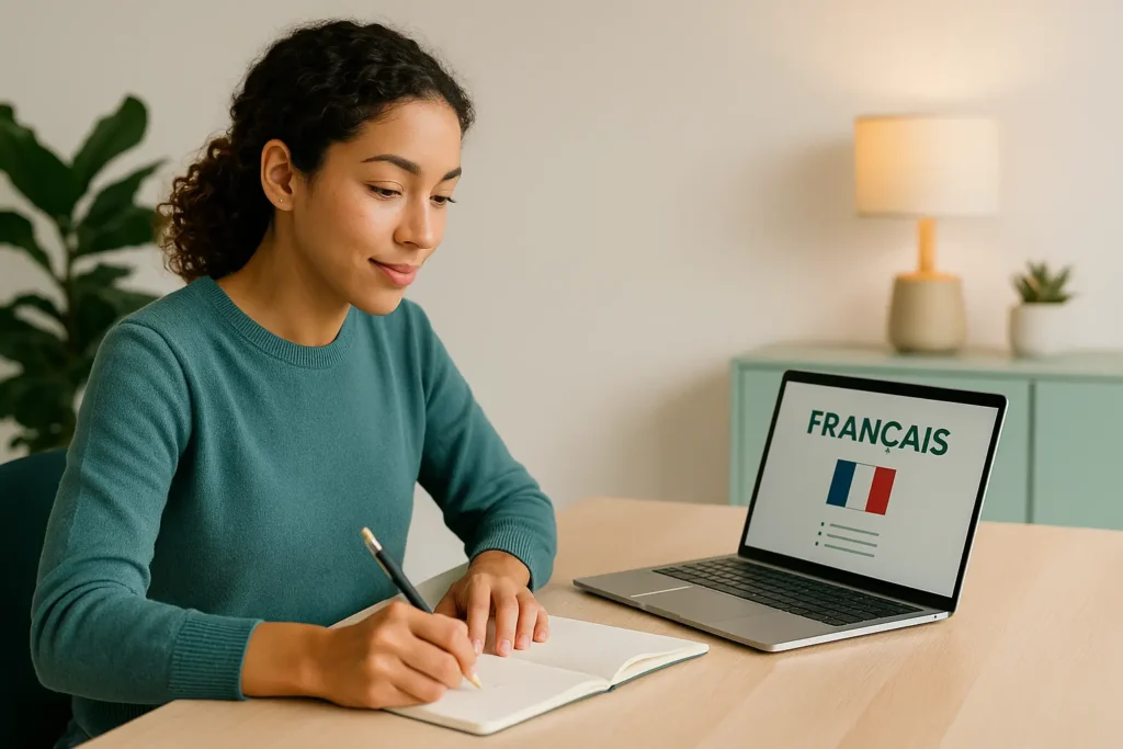 Pessoa aprendendo francês com notebook e caderno em ambiente tranquilo e organizado