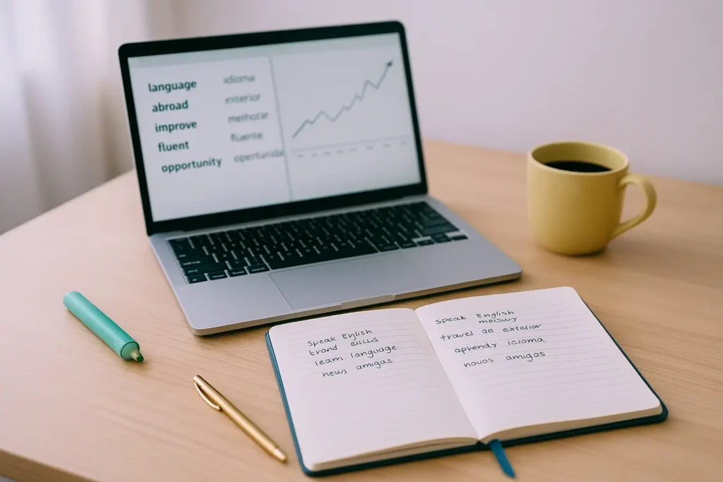 Pessoa estudando na frente do computador e tomando café, combinando estudo de idiomas e organização financeira.
