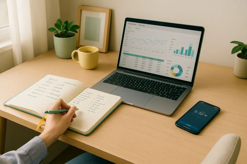 Pessoa começando o dia estudando inglês e controlando investimentos em um ambiente calmo e iluminado.