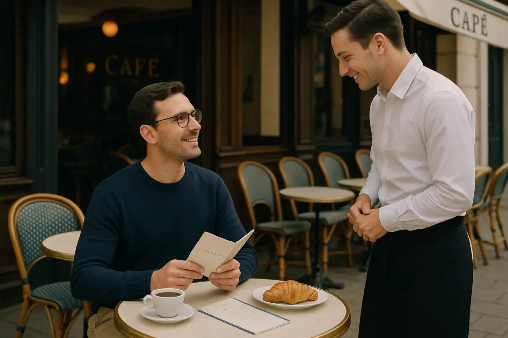 Turista conversando com garçom em café parisiense usando francês básico