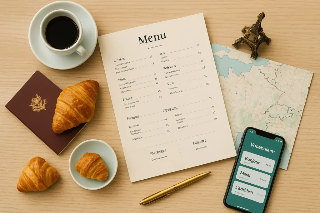 Francês para viagem representado por cardápio francês, passaporte e mapa da França