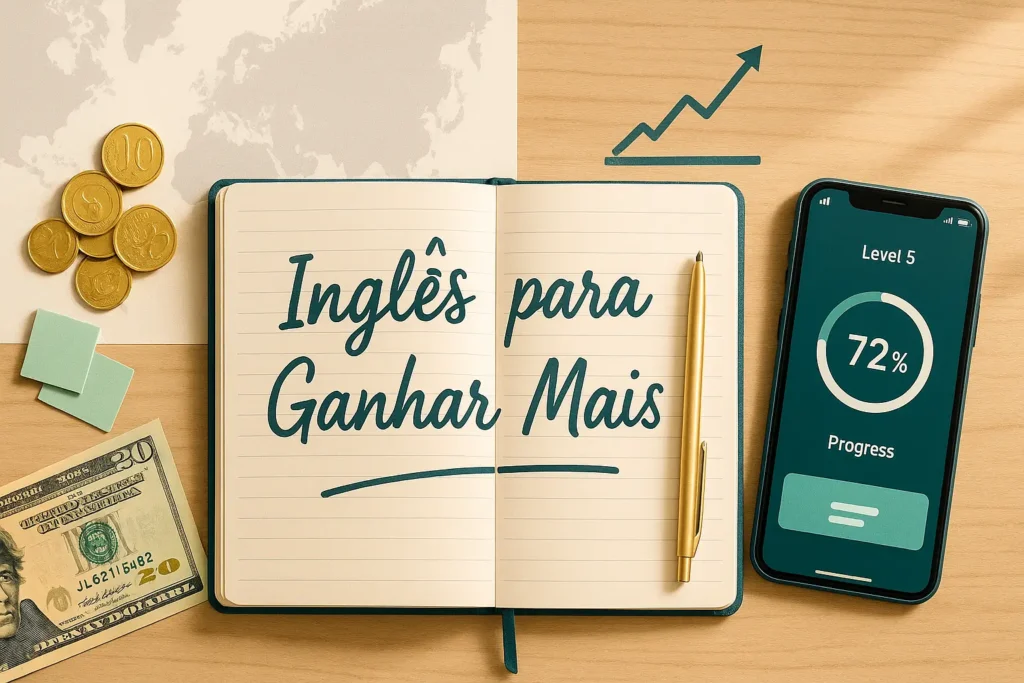 Inglês para ganhar mais representado por caderno, gráfico financeiro e app de inglês