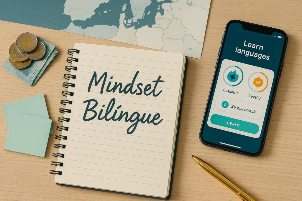 Materiais de estudo ilustrando o conceito de mindset bilíngue e hábitos consistentes