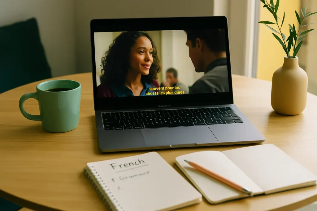 Cena de estudo leve com laptop e série francesa, conectando aprendizado e cultura