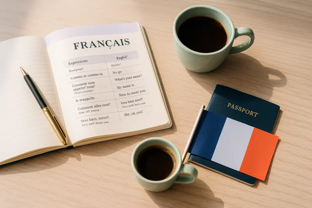 Caderno de anotações e livro de francês sobre mesa iluminada, representando aprendizado e cultura francesa.