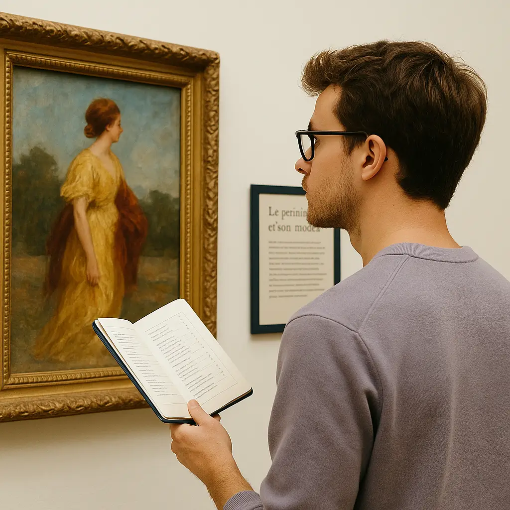 Turista lendo explicação em francês em museu na França