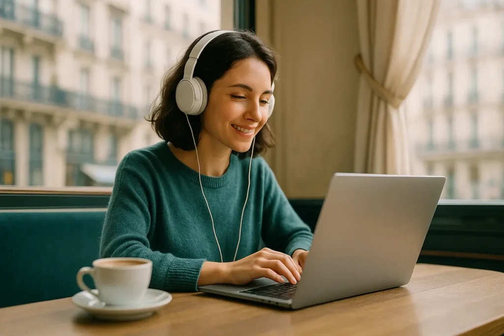 Pessoa estudando francês em um café parisiense, simbolizando a conexão entre cultura, aprendizado e emoções.