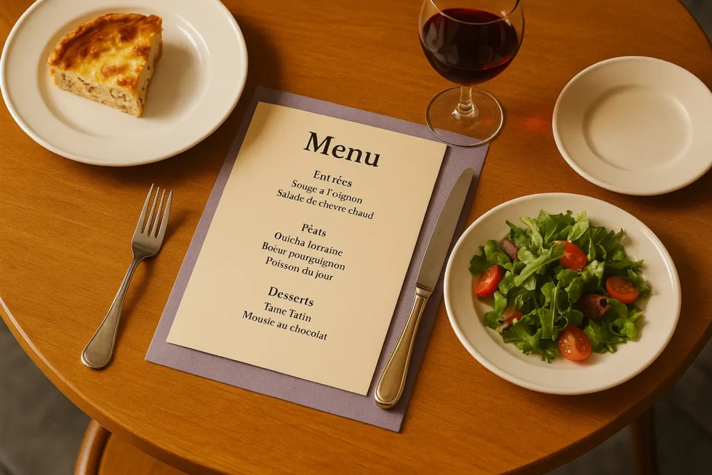 Cardápio francês em mesa de bistrô representando francês na gastronomia
