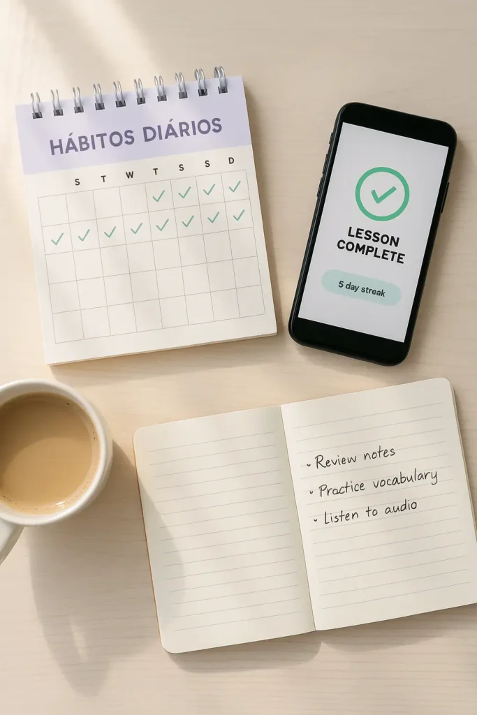 Calendário com hábitos diários representando consistência no aprendizado de idiomas