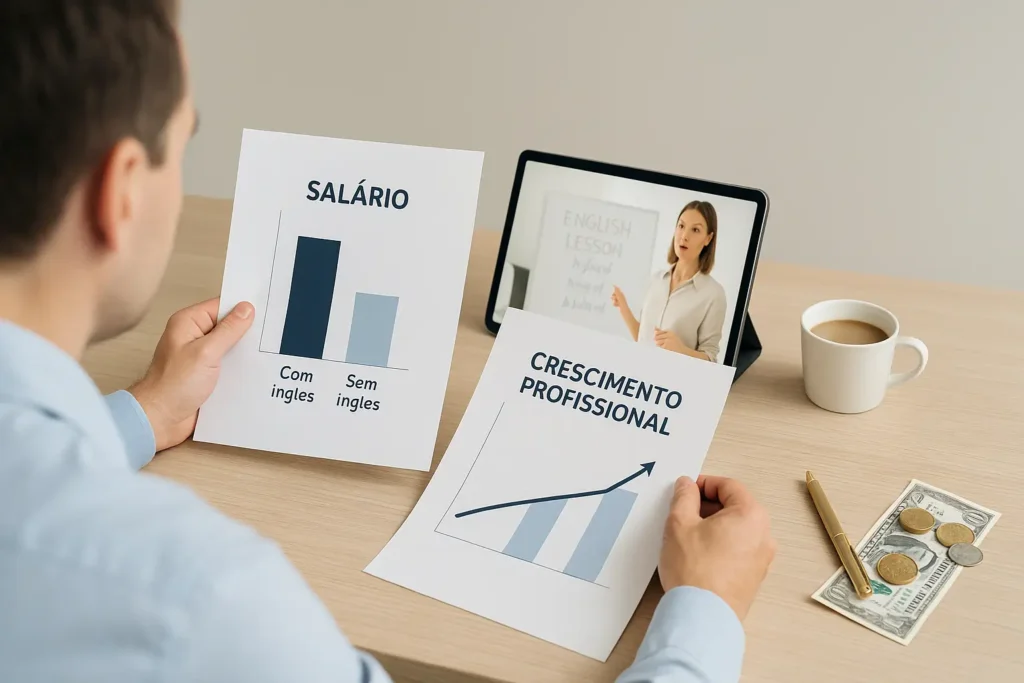 Pessoa analisando gráficos que mostram impacto financeiro do inglês