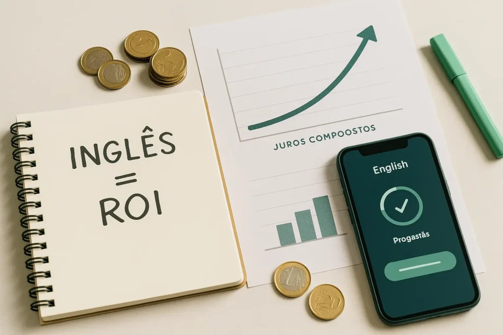 Gráfico e caderno destacando o inglês como investimento de alto retorno