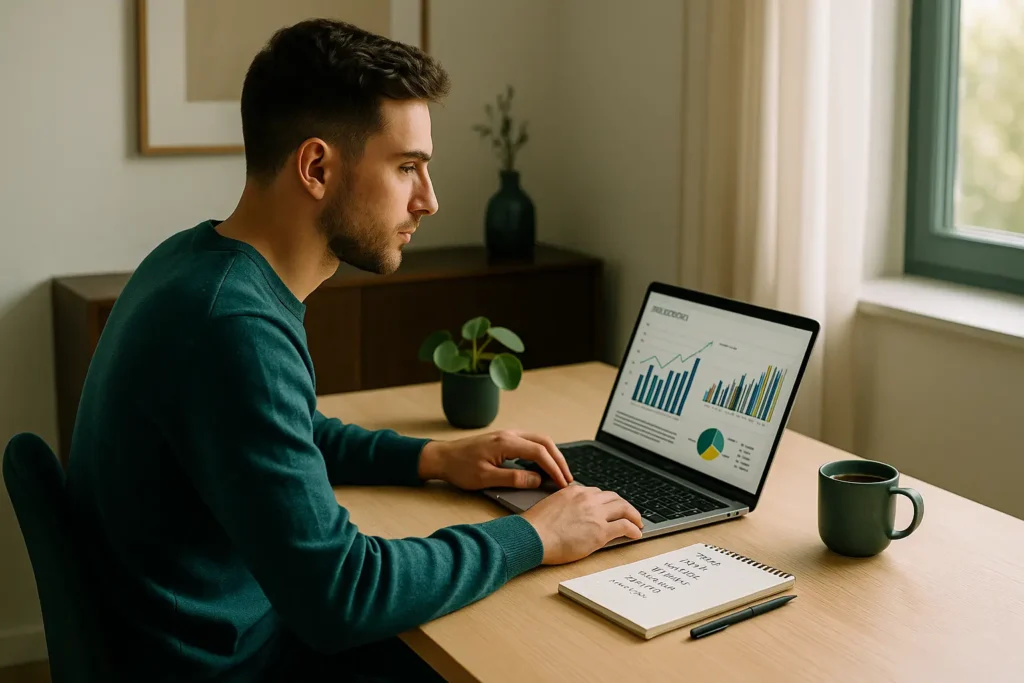 Pessoa estudando inglês e analisando investimentos no computador em um ambiente moderno e inspirador.