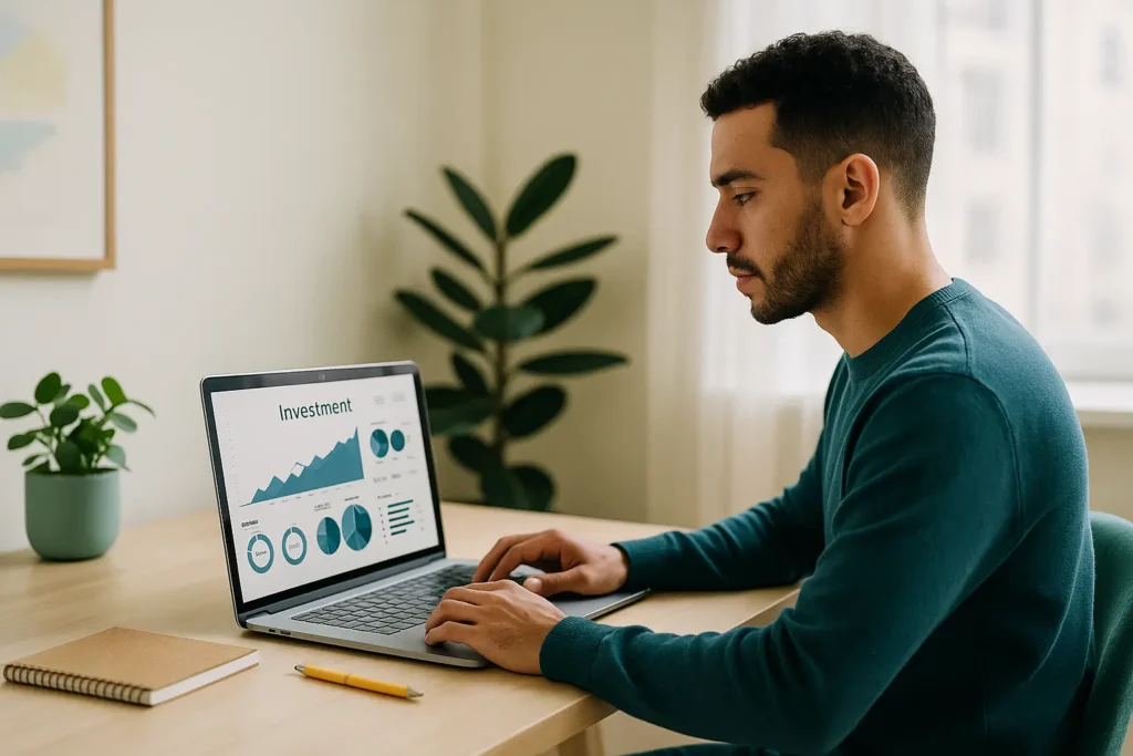 Inglês e investimentos conectados através de gráficos e relatórios financeiros