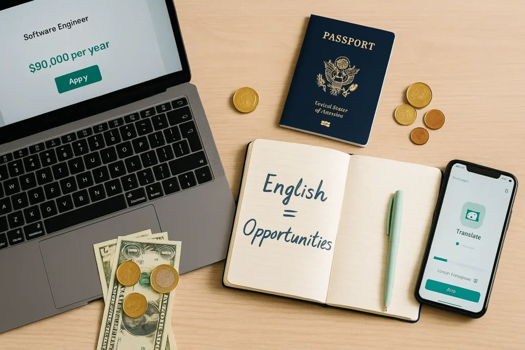 Materiais mostrando como o inglês aumenta oportunidades e salários