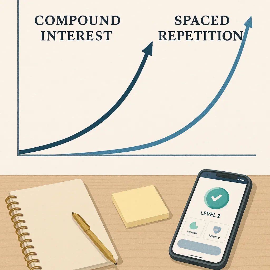 Curva comparando juros compostos e repetição espaçada no aprendizado