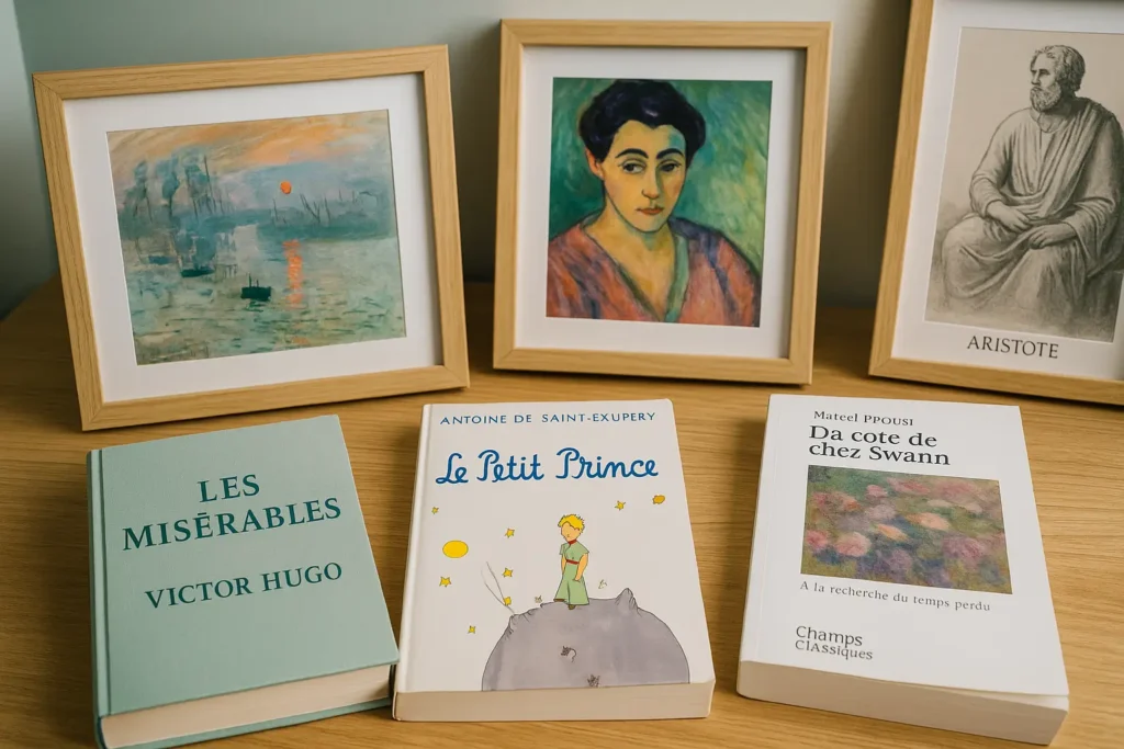 Livros e obras de arte que representam o legado cultural e artístico da França