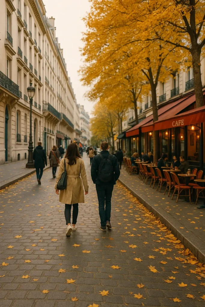Rua parisiense no outono ilustrando melhor época para viajar à França