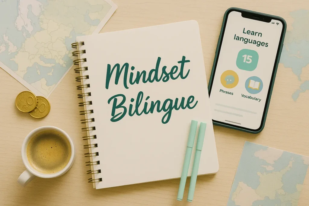 Caderno com mindset bilíngue, moedas e aplicativo de idiomas representando estudo e finanças