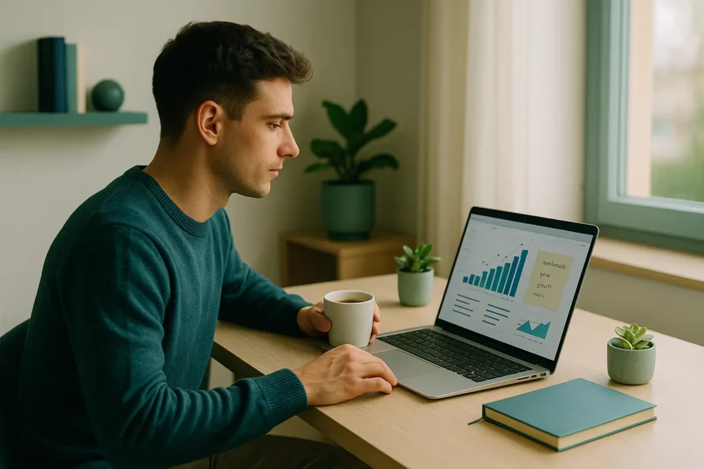 Pessoa estudando na frente do computador e tomando café, conectando aprendizado de idiomas e investimentos.