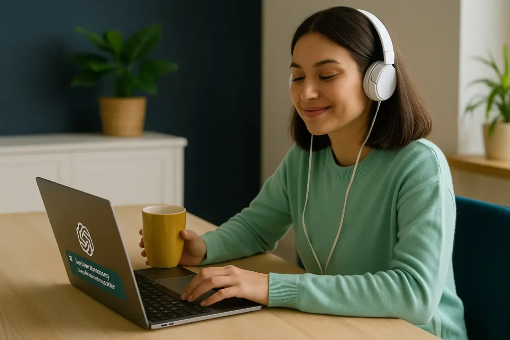 Pessoa usando o ChatGPT para aprender inglês com laptop e fones de ouvido
