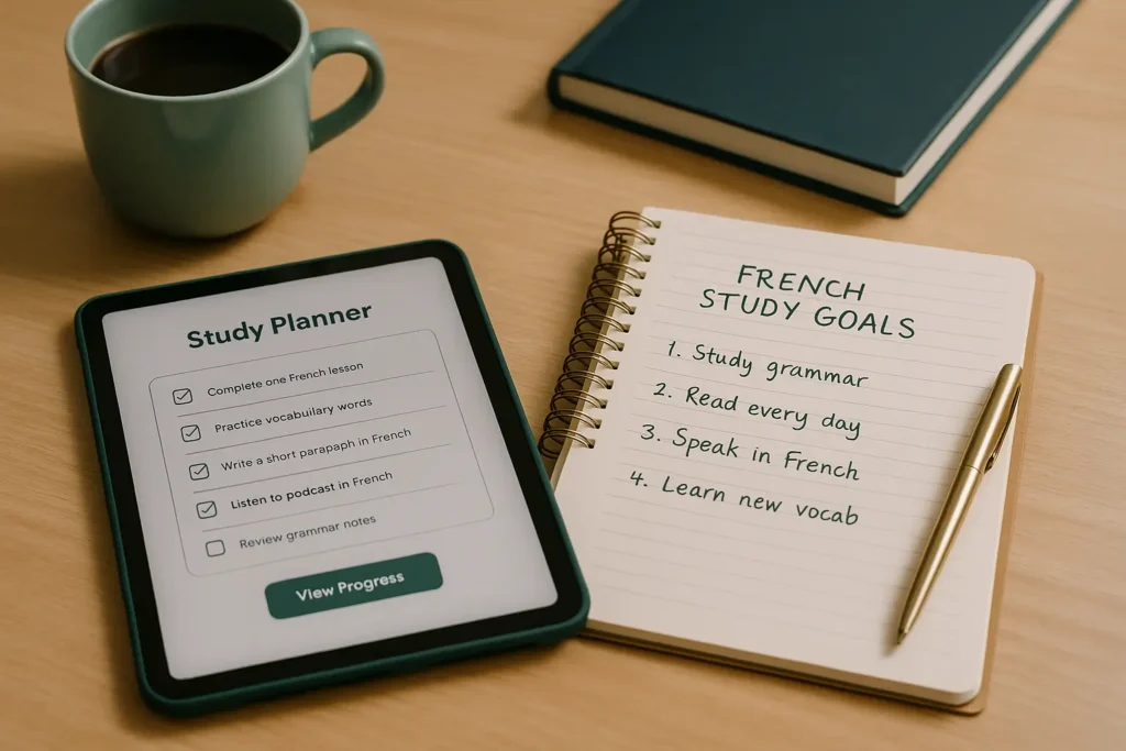 Planner com metas de estudo para aprender francês de forma leve e constante