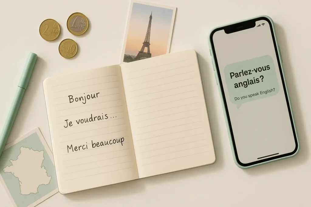 Materiais de estudo mostrando a importância do francês para viagem à França