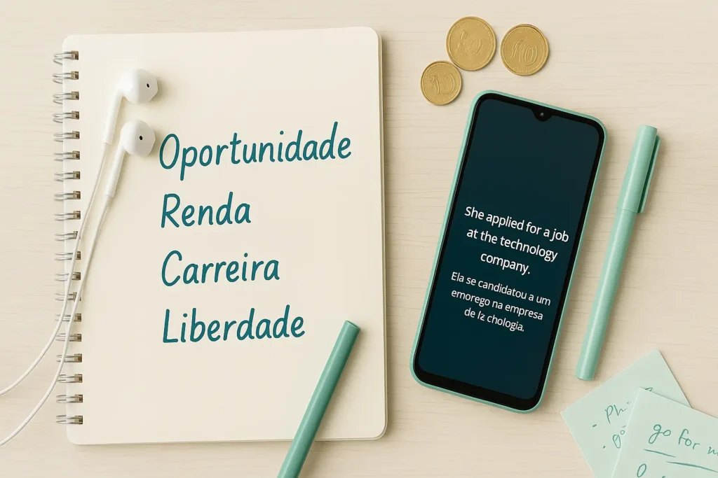 Materiais de estudo mostrando como o inglês contribui para liberdade financeira