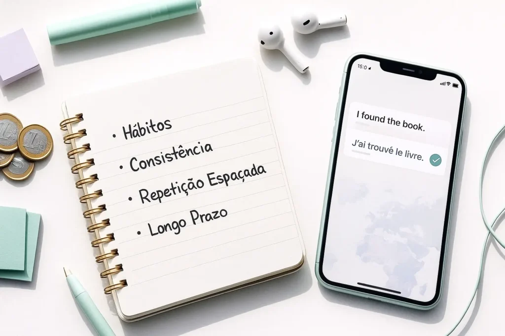 Mindset bilíngue representado por caderno, moedas e aplicativo de idiomas sobre mesa organizada