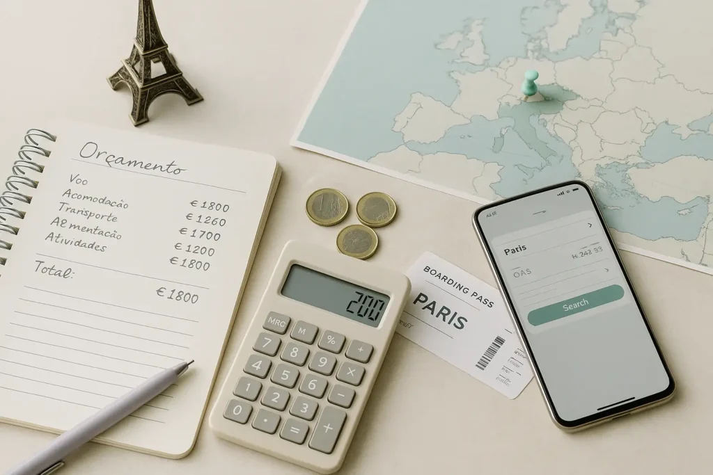 Planejamento de quanto custa viajar para a França com anotações e euros sobre a mesa